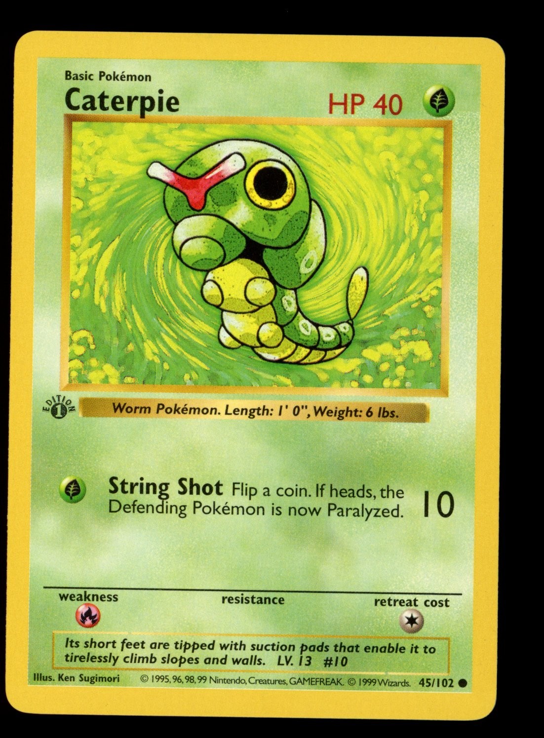 1999 WOTC POKEMON BASE SET SHADOWLESS 1ST EDITION CATERPIE 45/102 COMMON NM A