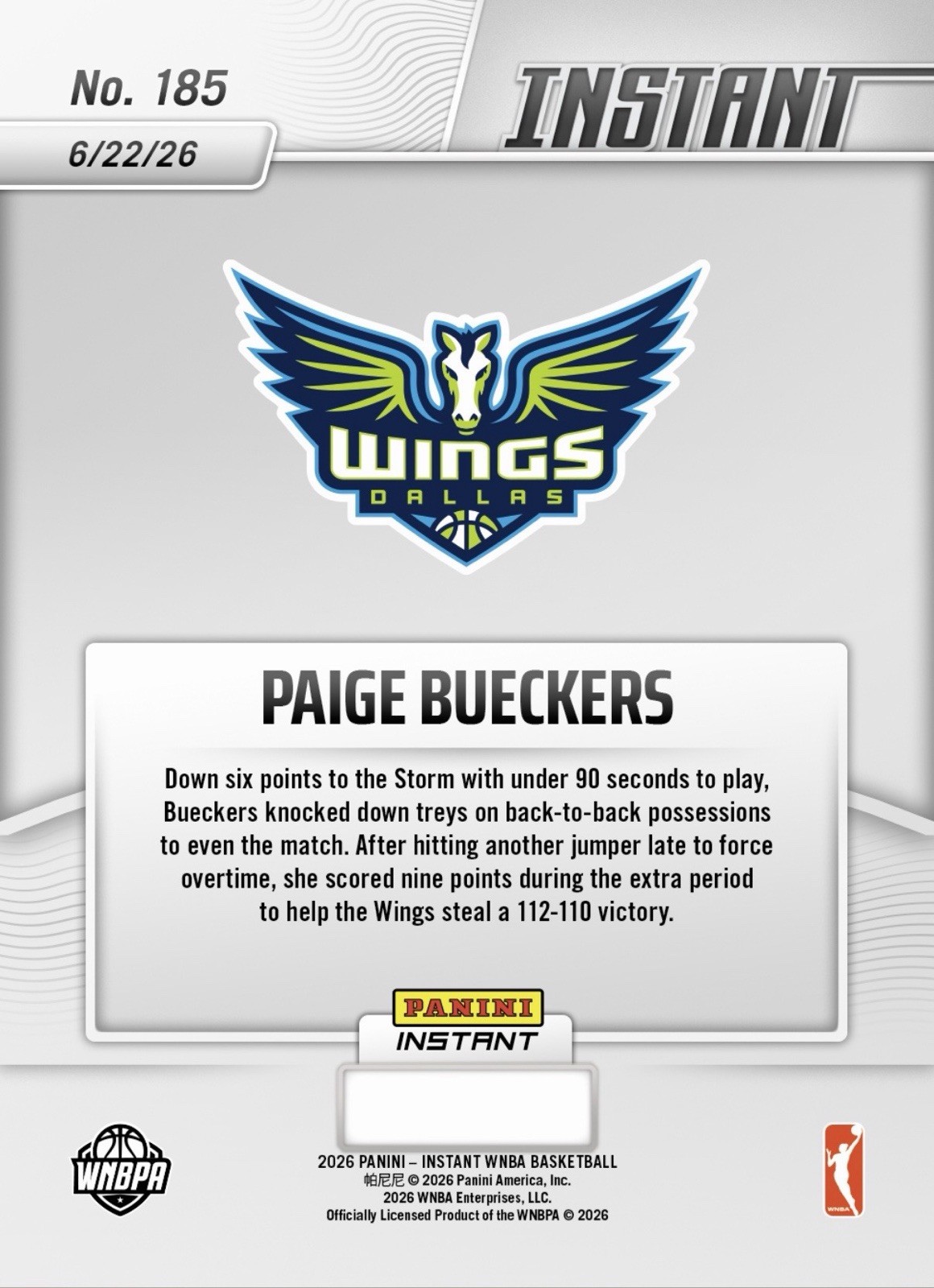 2026 Panini Instant WNBA #185 Paige Bueckers Dallas Wings PRESALE view 2