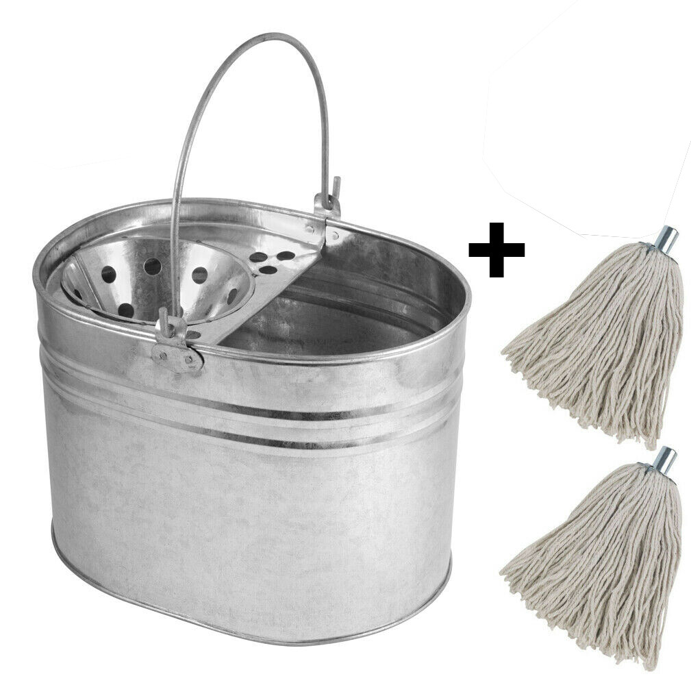 Heavy Duty Metal Mop Bucket Galvanised Cotton Floor Mop Head Set Strong