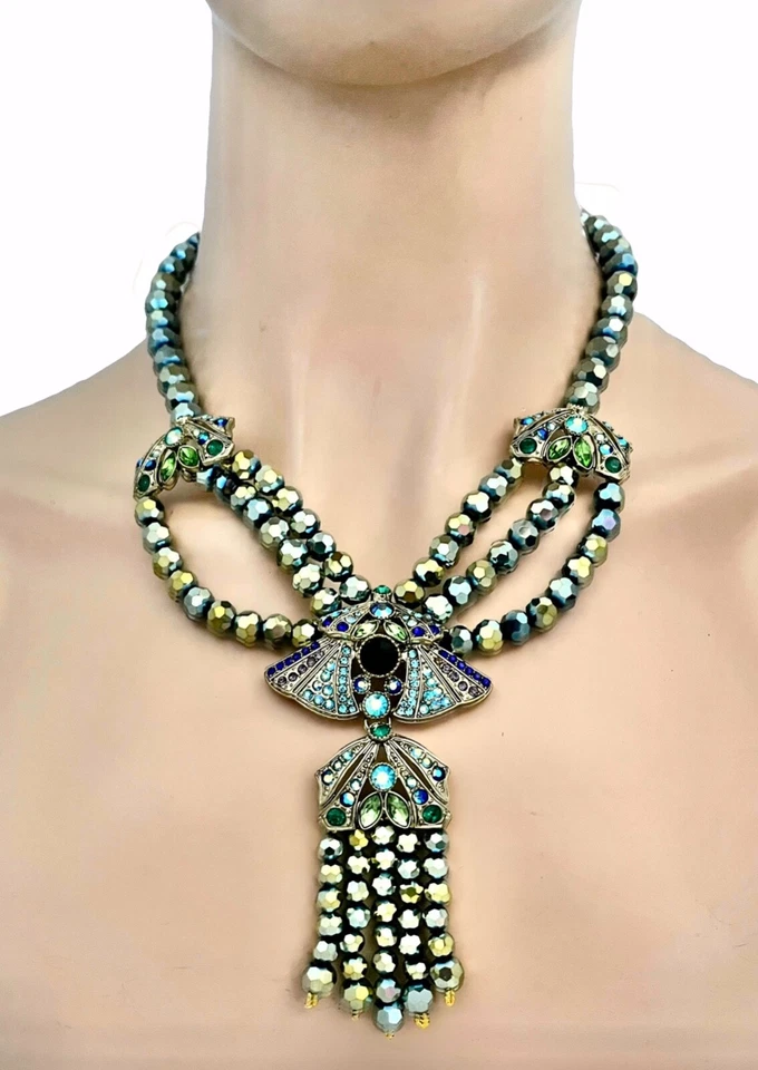 Deco Movie Star Inspired Green Iridescent Glass Beads & Crystals "Y" Necklace