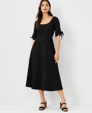 NEW ANN TAYLOR $149 BLACK LINEN BLEND TIE SLEEVE SCOOP NECK FLARE DRESS SZ 12