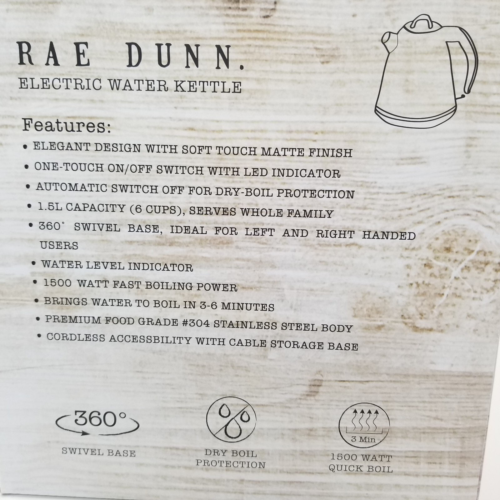 RAE DUNN New Electric Water Kettle 1.5 L Tea BREW Matte Cream Stainless