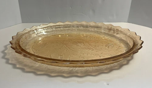 VINTAGE Jeannette Floragold amber floral scalloped Depression glass platter