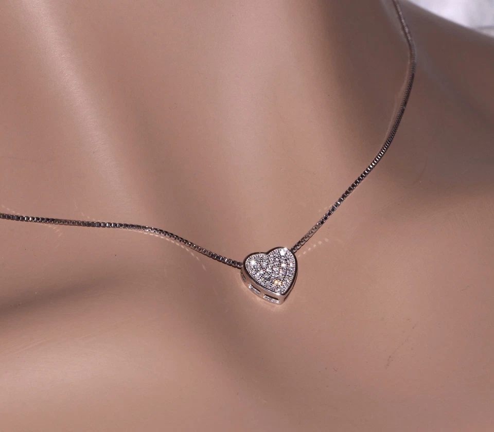 collana cuore VERO argento 925 collier a pavè zirconi punto luce microsetting - Immagine 2 di 4