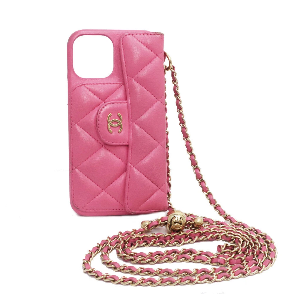 Chanel iphone12 pro case chain shoulder matelasse lambskin pink Coco mark  logo