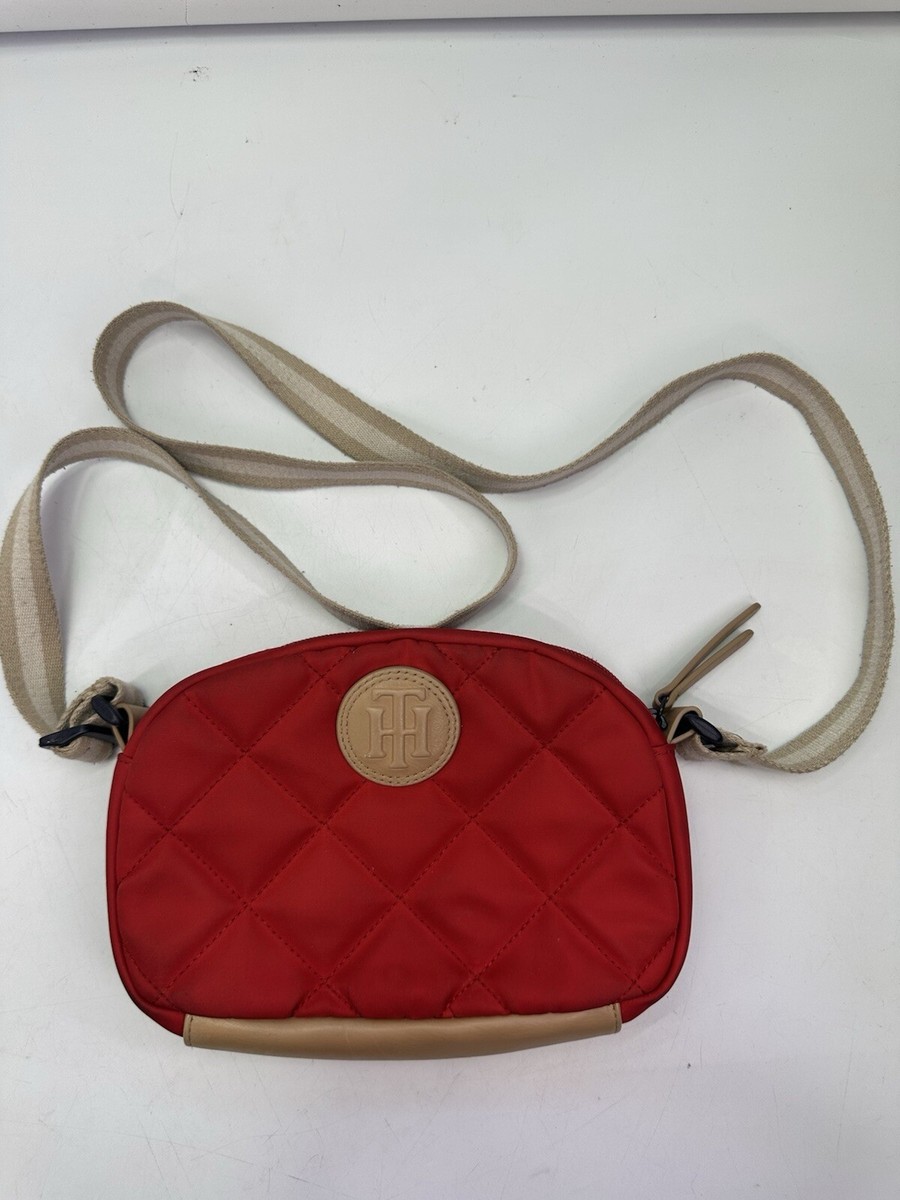 Tommy Hilfiger Black Nylon Quilted Crossbody Red Purse with Logo