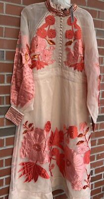 Karen Millen Organdie Appliqué Buttoned Woven Midi Dress Sz 14 NWT