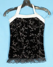 PUMPERS Black Velvet Dance Tank Top EMBROIDERED SILVER TRIM Lace Hem LA L ADULT