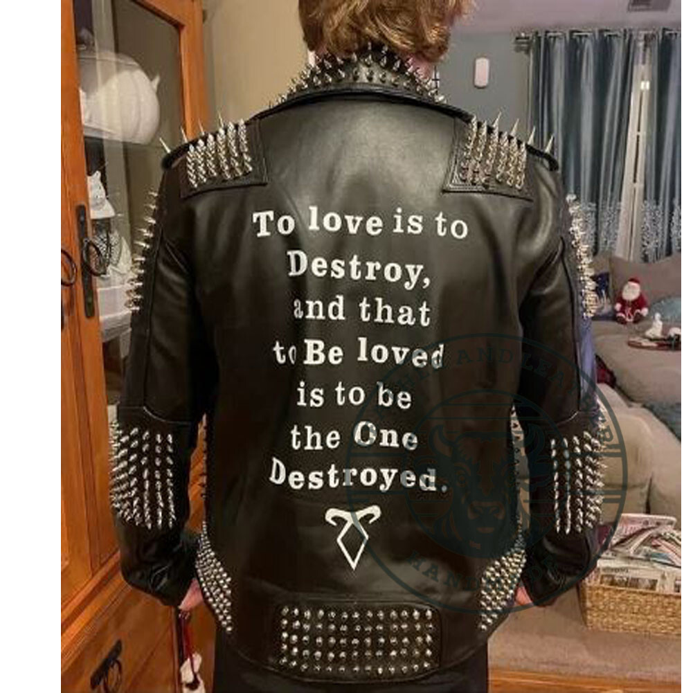 Handcrafted Steampunk Mens Leather Studwork Spike Destroy Love Jacket