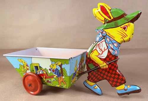 NICE Vintage 1950's J Chein & Co. Easter Bunny Rabbit Pulling Cart Tin Litho Toy