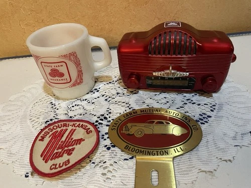 Vintage State Farm Lot Milk Glass Mug, License Topper, Bentley Radio & Patch Old