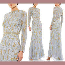NWT Mac Duggal [ 12 ] 5124 Beaded Long Sleeve Evening Gown Platinum Gold #S1186