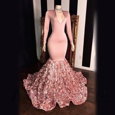 Glitter Pink Rose Satin Prom Dresses Fishtail Cubic Flower Hem Evening Gowns 