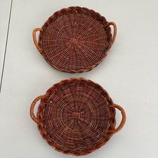 VTG Set of 2 Round Woven Wicker Baskets with Handles Brown Boho Trays 7 8 in.