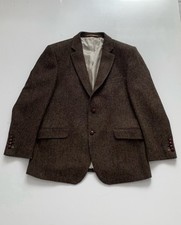 Vintage Harris Tweed Leonard Jay Herringbone Blazer Brown Pure Wool Mens