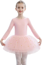 Toddler Girls Ballet Leotard Long Sleeve Tutu Dress with Shiny Skirt Kids Baller