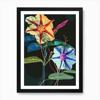 Gerahmtes Wandbild Neon Blumen auf schwarzem Morgenruhm Poster Leinwanddruck Bild