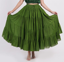 Women's Cotton long Maxi Olive skirt 4 tier Elastic Waist Drawstring Skirt