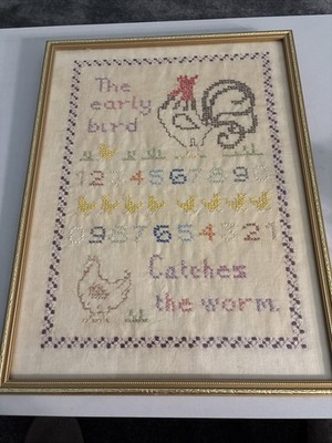 Vintage Sampler Kreuzstich  Der frühe Vogel fängt den Wurm  bunt