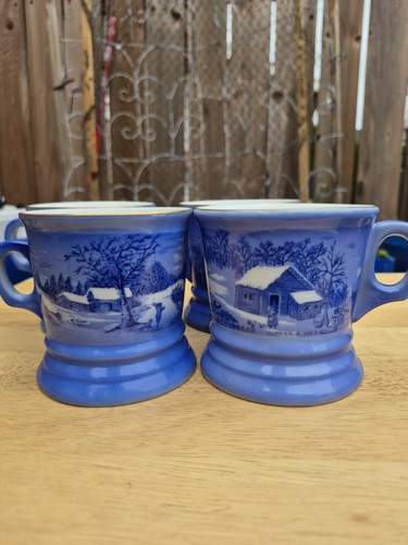 Taza de café Currier & Ives "The Old Homestead In Winter" azul/blanco con borde dorado