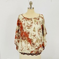 Zac & Rachel Women’s Top Large Beige Boat Neck Neutral Floral Tones Blouse