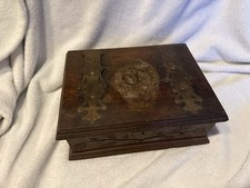 Antike Holzschatulle 1915 geschnitzt Messingbeschläge Jugendstil Handarbeit