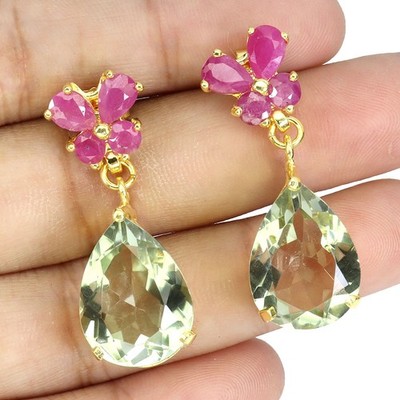 925 Sterling Silver Earrings Pear Green Amethyst 16x12mm Ruby Gemstone Jewelry