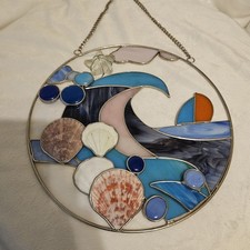 Stained Glass And Shell Suncatcher. 10 In Round. Ocean Wave And Sailboat.