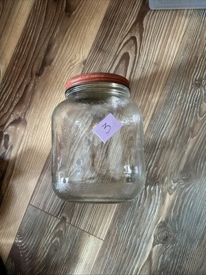 Vintage Gallon Glass Jar HAZEL ATLAS textured w/ Red Lid Rounded Square K3