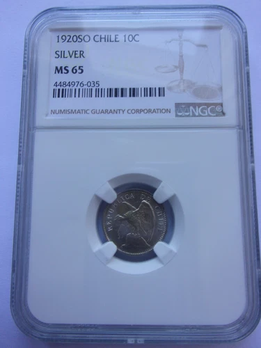 SAF36 Chile 10 silver cents 1920 So NGC MS65