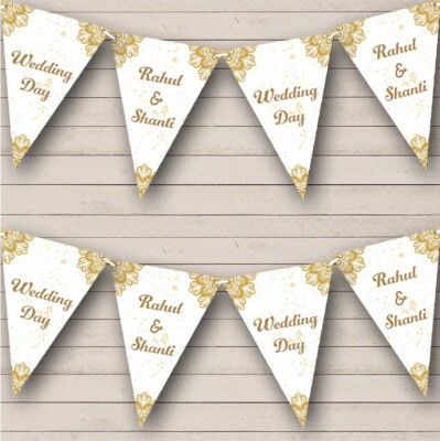 Gold Weiß Indischer Stil Hochzeitstag Mandala Personalisiert Party Banner Wimpelkette