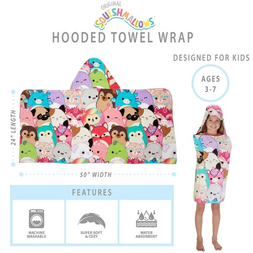 Squishmallows Kids Cotton Hooded Towel Wrap 50" x 24" Ages 3-7 - Picture 5 of 12