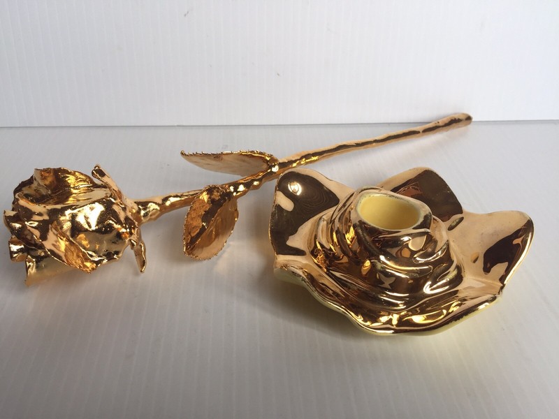 Warranted 22 K Gold Candle Stick Holder & Golden Long Stem Forever Rose