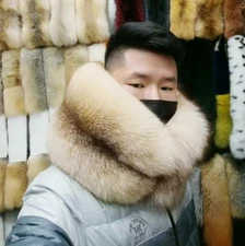 Men' Luxurious Fur Scarf 100% Real Raccoon Fur Collar Wrap with Silver Fox Fur