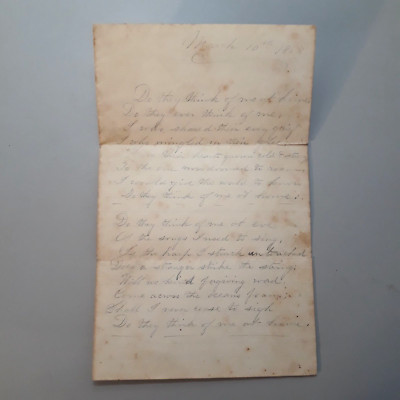 Antique 1868 Hand Written Letter Poetry Poems Family Wistful Thinking