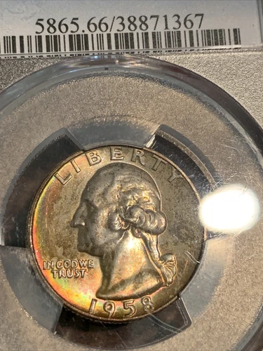 1958 D WASHINGTON 25C PCGS MS66 RAINBOW REVERSE TONED Condition Rare