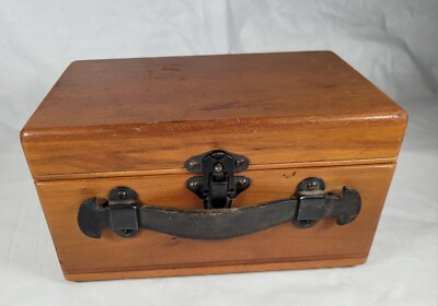 Vintage Wood Box w/ Leather handle & Eagle clasp latch folk art decorative mcm 