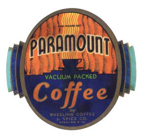 Original 1920s PARAMOUNT coffee label DAMAGED Wheeling Coffee & Spice W VIRGINIA