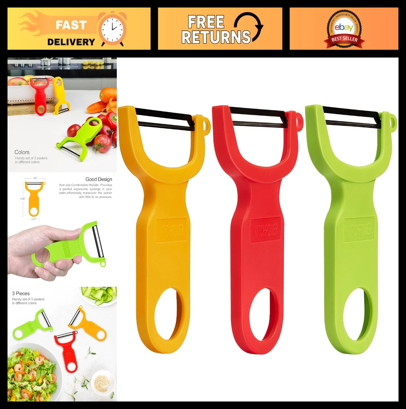 3-Pack Vegetable & Fruit Peeler Set - Carbon Steel Blades, Ergonomic Grip, Color