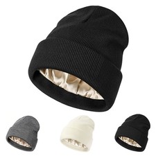Satin Lined Beanie Unisex Wool Knit Hats Winter Warm Hats Silk Lined Beanie Cap