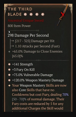 DIABLO 4 SEASON 9 THE THIRD BLADE UNIQUE- 4 GA -Perfect aspect 70%