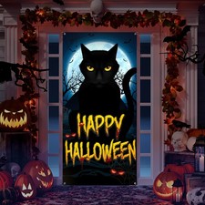 Black Cat Halloween Door Cover, Happy Halloween Banner, 35 X 71 in