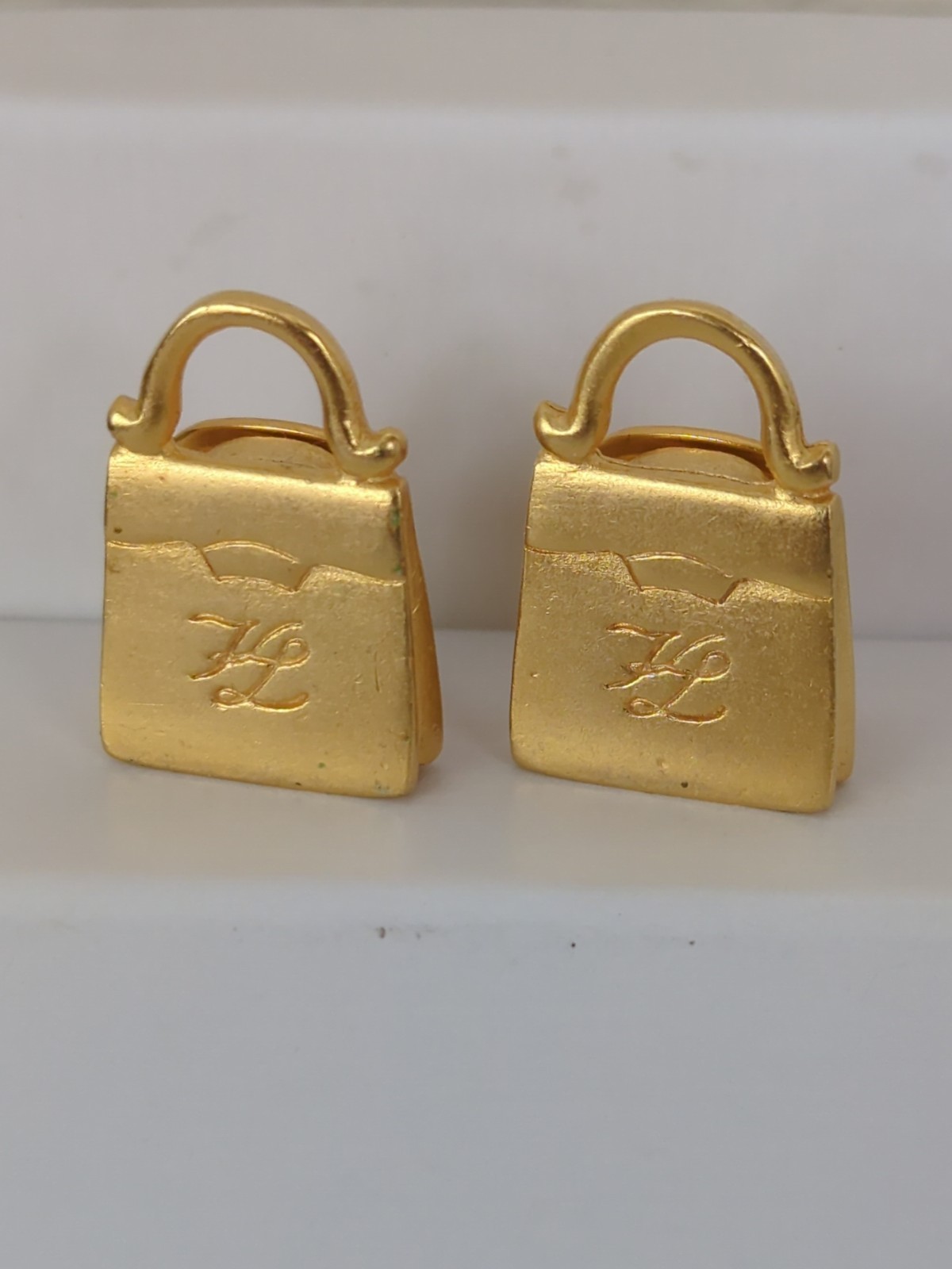 Vintage Karl Lagerfeld KL Logo Gold Tone Handbag Clip Earrings