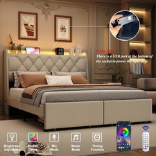 Queen Bed Frame with Storage Headboard LED Lights  Charging Station Beige