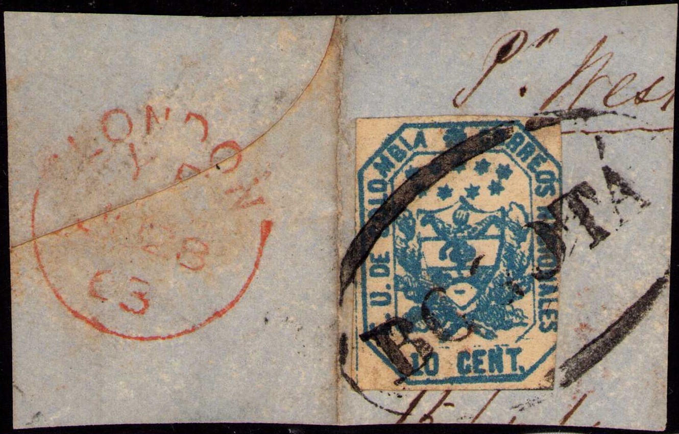 COLOMBIA - CLASSIC - 10c  ON PIECE - BOGOTA to LONDON - Sc 25 - 1863 RRR