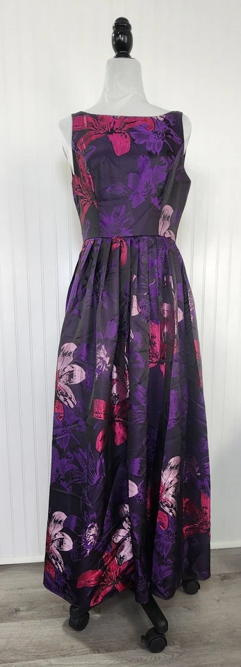 Vestido sin mangas de jacquard Adrianna Papell para mujer 8 púrpura floral noche formal Foto 2 de 4