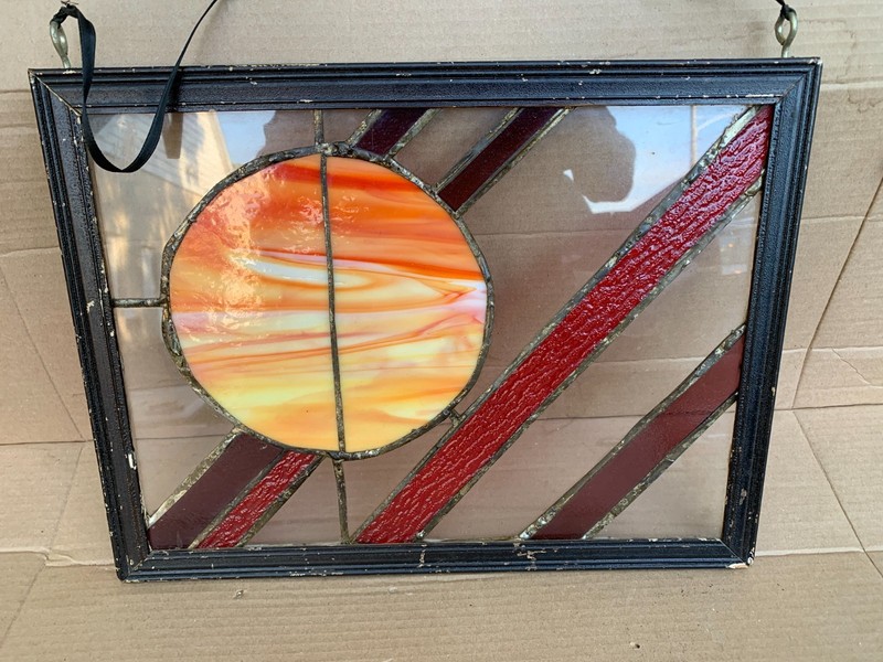 Orange Sun Leaded Stained Glass Window Pane Transom Panel Wall Mount 16.5X12.5"