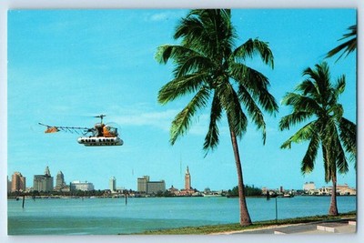 c1960 Miami Florida Postcard Skyline View Macarthur Causeway Helicopter Sunline