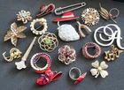A196 Mixed Lot of 20 Vintage Pins Brooches 1 Ring Rhinestone Pearl Milk Glass
