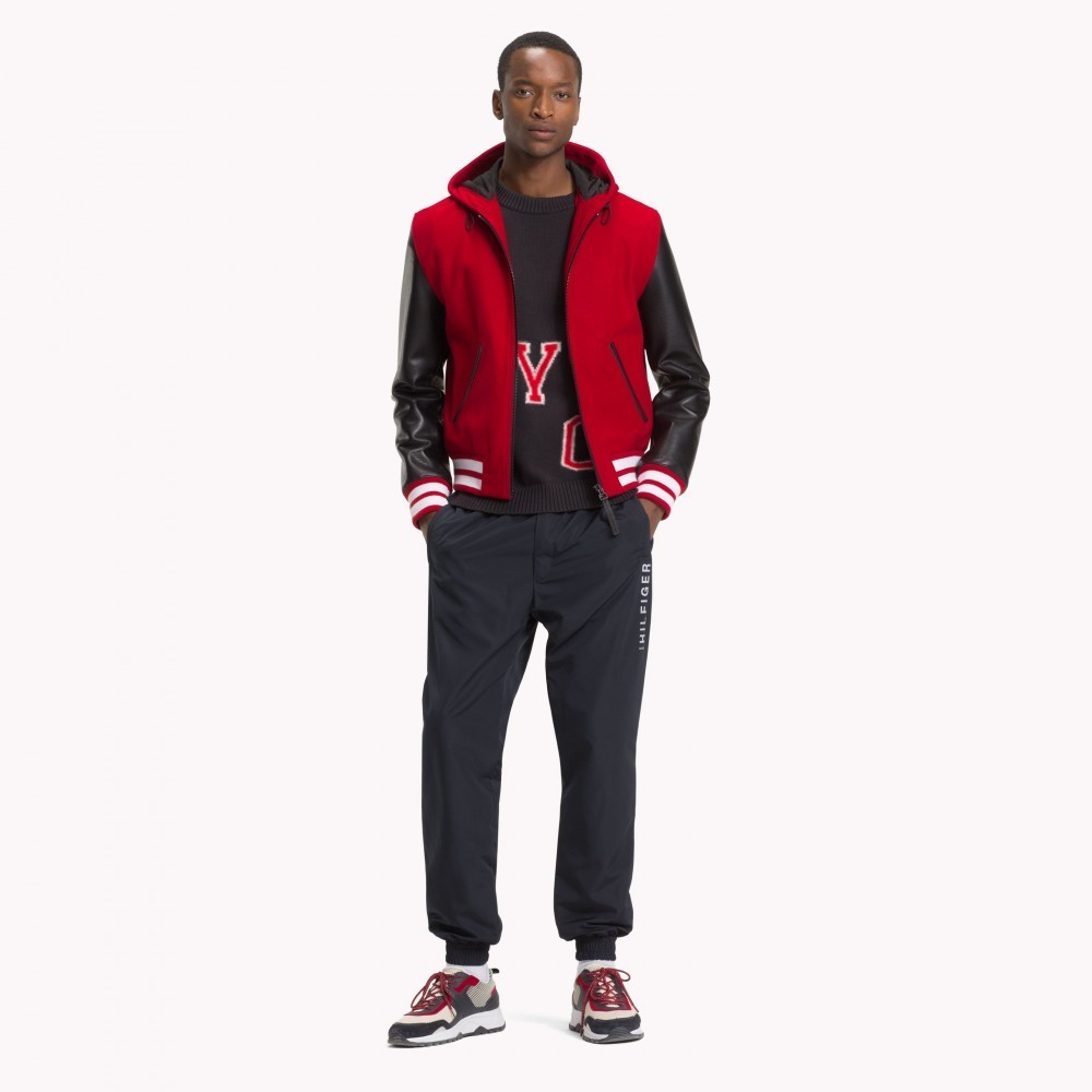 Tommy Hilfiger sz 50 L Wool Varsity Jacket Red Black Leather Sleeves Hooded Zip